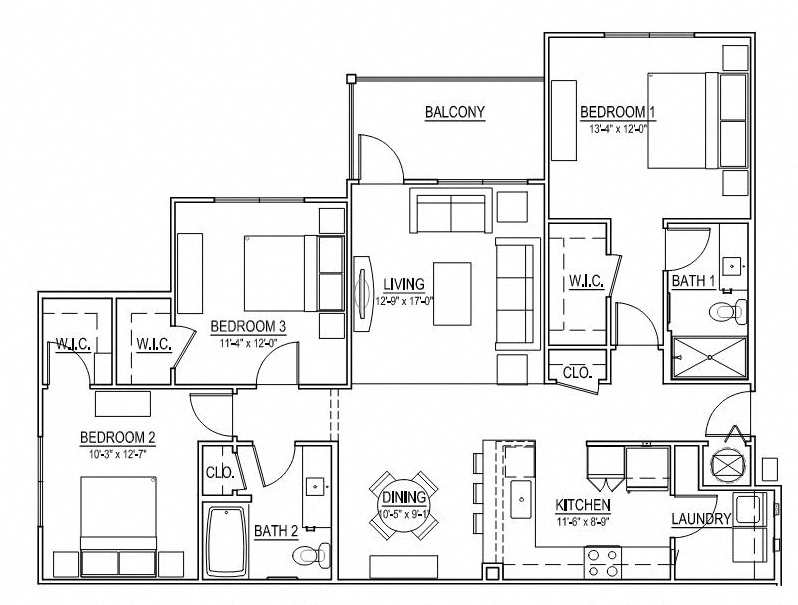 Floor plan for 3 beds, 2 baths, 1453 sqft